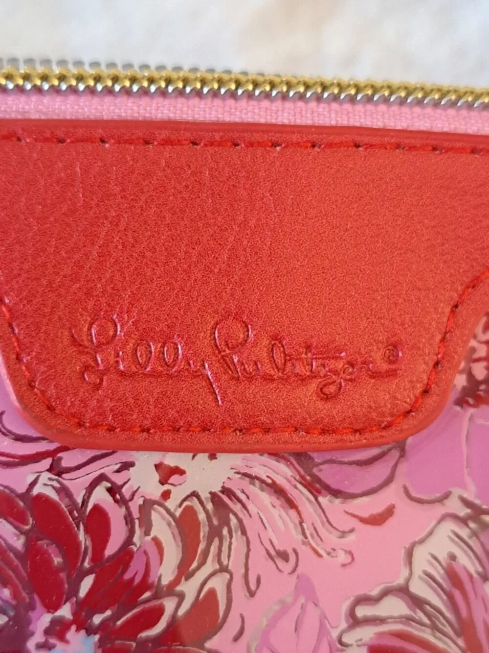 Lilly Pulitzer Printed Floral Makeup Bag Pouch Red Faux Leather Zipper Closure